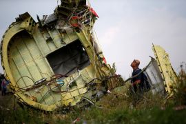 An air crash investigator inspects the crash site of a plane.