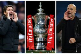 A combination picture shows Crystal Palace manager Oliver Glasner, the FA Cup trophy and Manchester City manager Pep Guardiola.