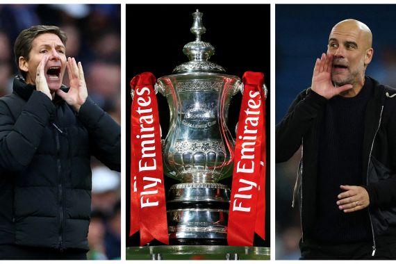 A combination picture shows Crystal Palace manager Oliver Glasner, the FA Cup trophy and Manchester City manager Pep Guardiola.