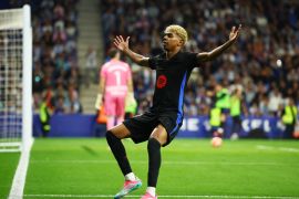 Soccer Football - LaLiga - Espanyol v FC Barcelona - RCDE Stadium, Cornella de Llobregat, Spain - May 15, 2025 FC Barcelona's Lamine Yamal celebrates scoring their first goal REUTERS/Albert Gea