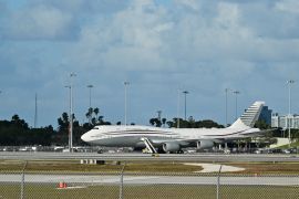 In this February 15, 2025 a Qatari Boeing 747 sits on the tarmac of Palm Beach International airport after US President Donald Trump toured the aircraft on February 15, 2025.