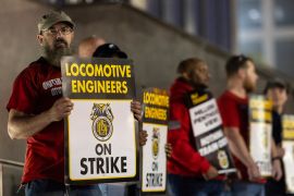 Union members form a picket line.