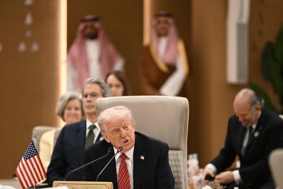 US President Donald Trump speaking.